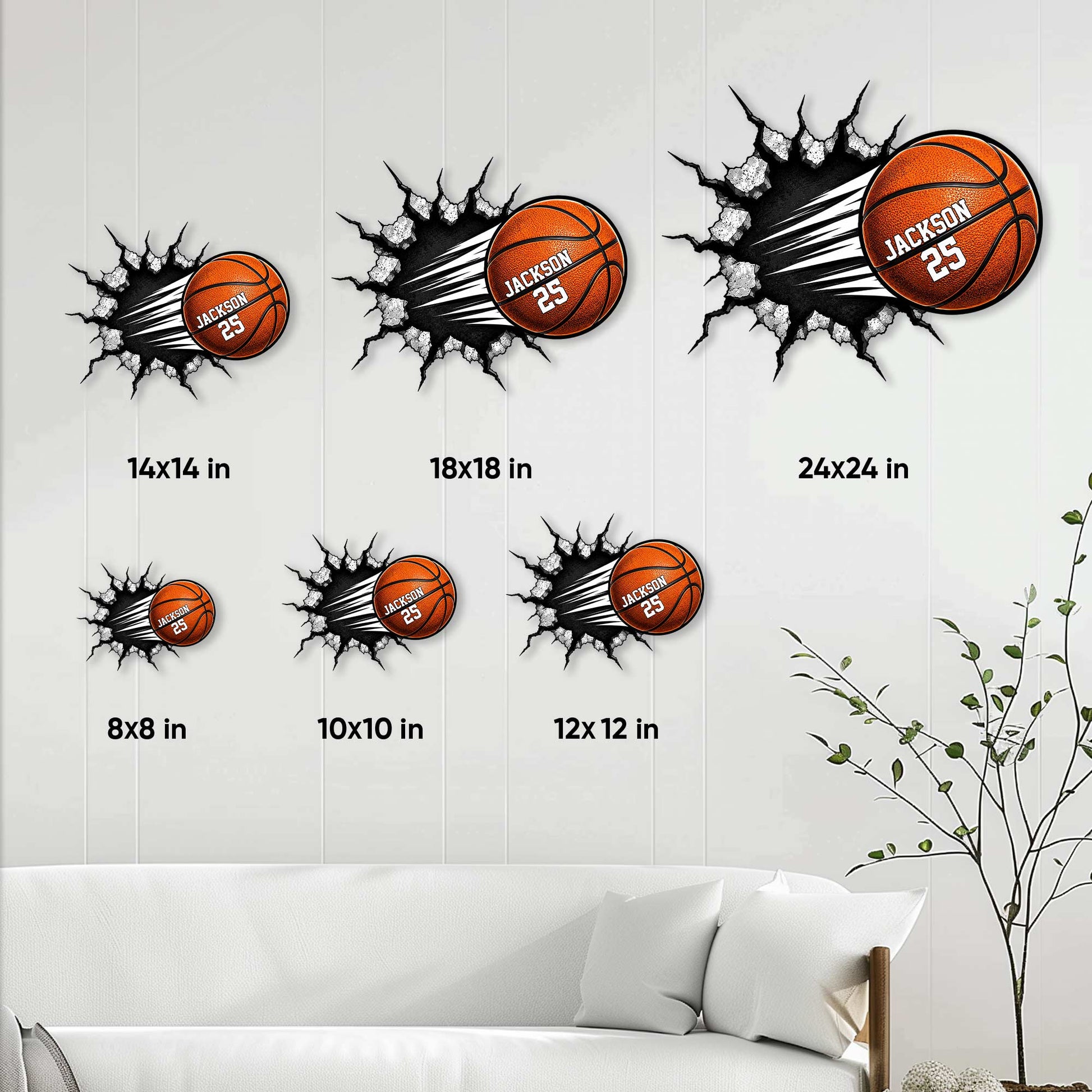 Basketball metal sign size guide displayed in multiple scale options on a living room wall
