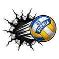 Custom volleyball metal sign featuring a blue and gold volleyball breaking through a dramatic black wall