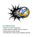 Volleyball wall sign shown with cut metal sign details and a dynamic ball-through-wall design