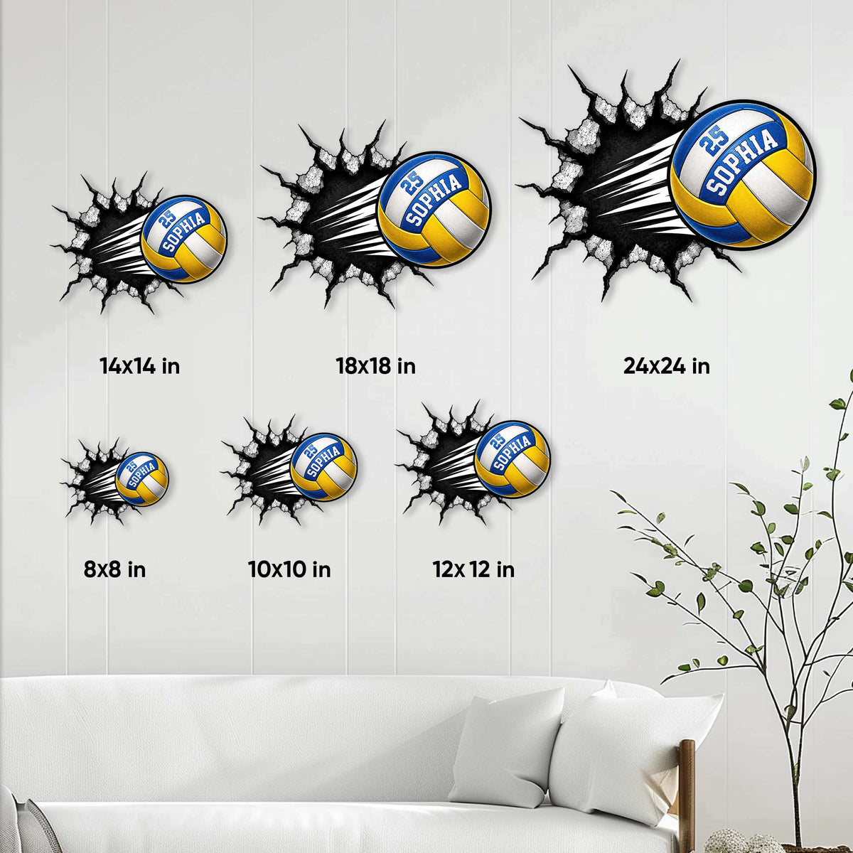 Volleyball wall sign size guide showing available dimensions from 8 by 8 to 24 by 24 inches
