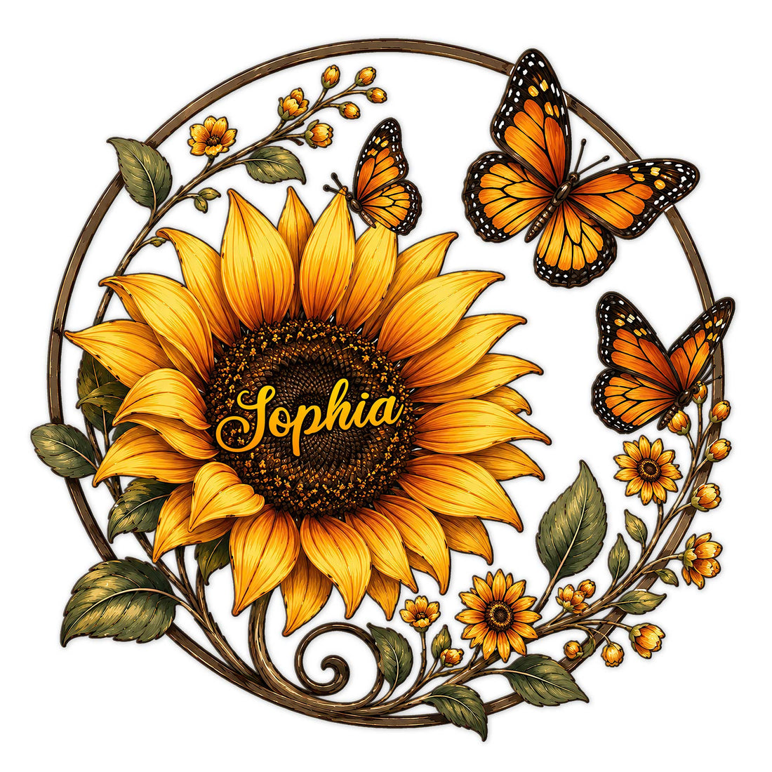 Sunflower metal sign with orange butterflies, leafy vines, and a circular botanical design