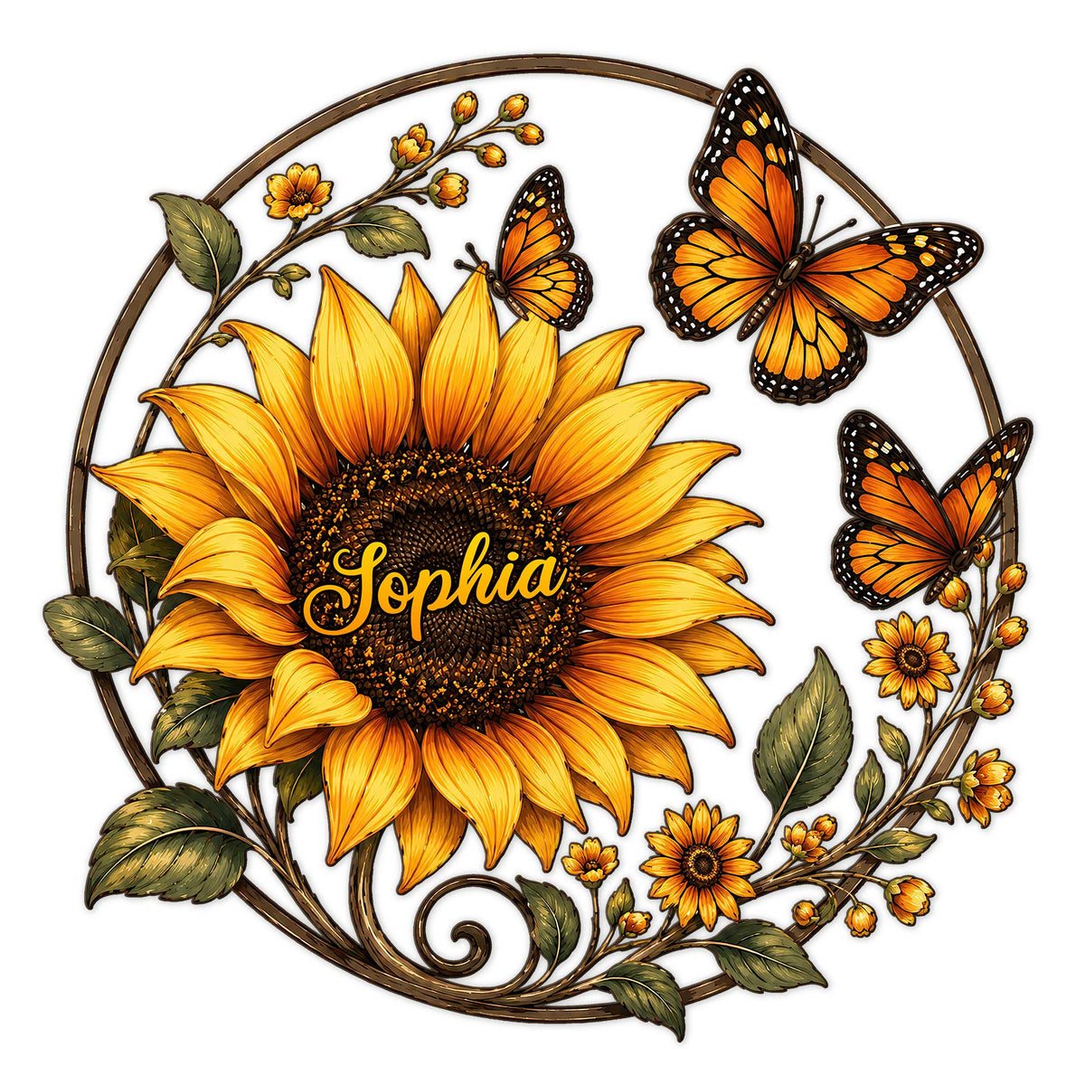Sunflower metal sign with orange butterflies, leafy vines, and a circular botanical design