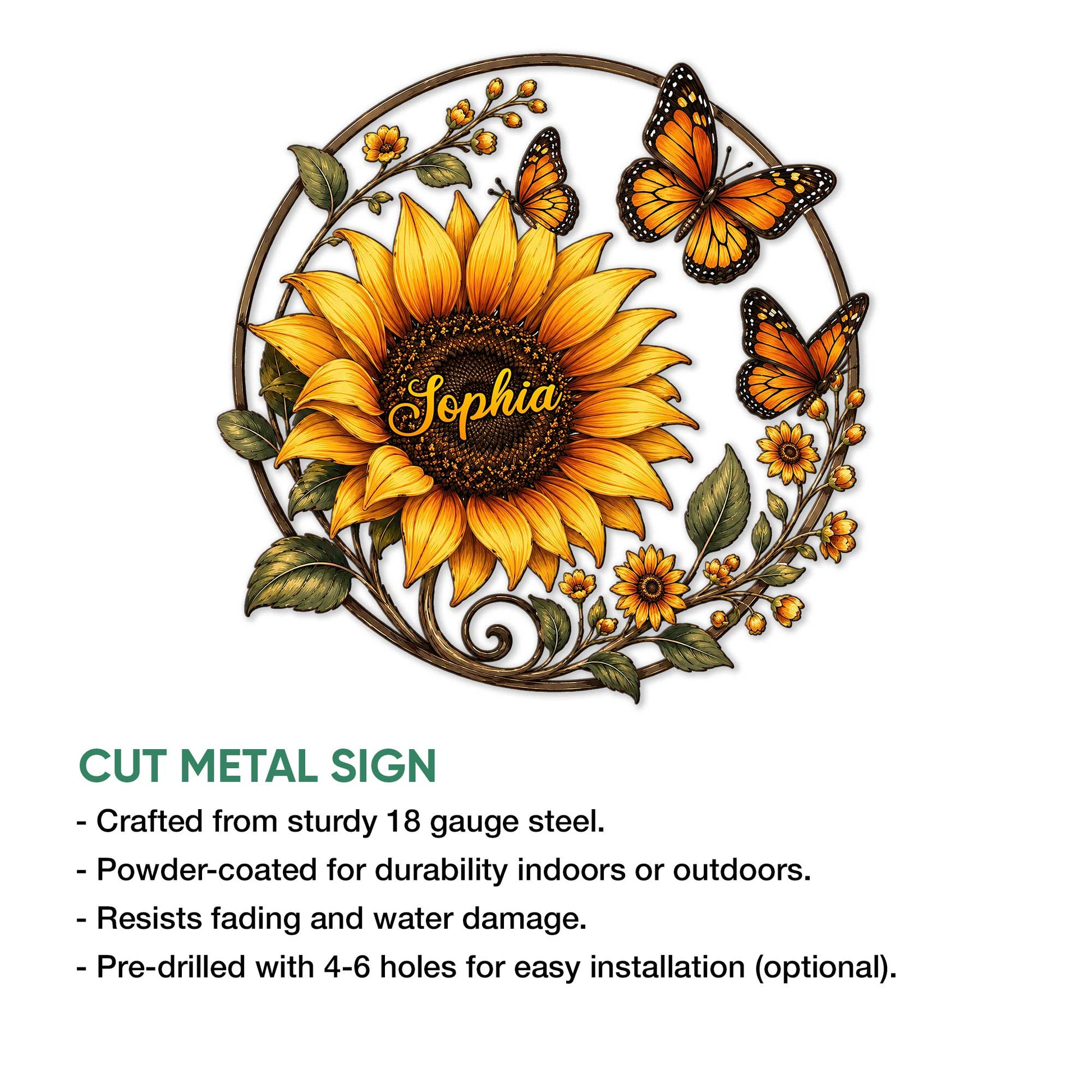 Sunflower and butterfly metal sign shown with cut metal sign features and decorative floral details