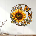 Custom sunflower butterfly wall sign displayed on a white paneled wall in a bright home setting