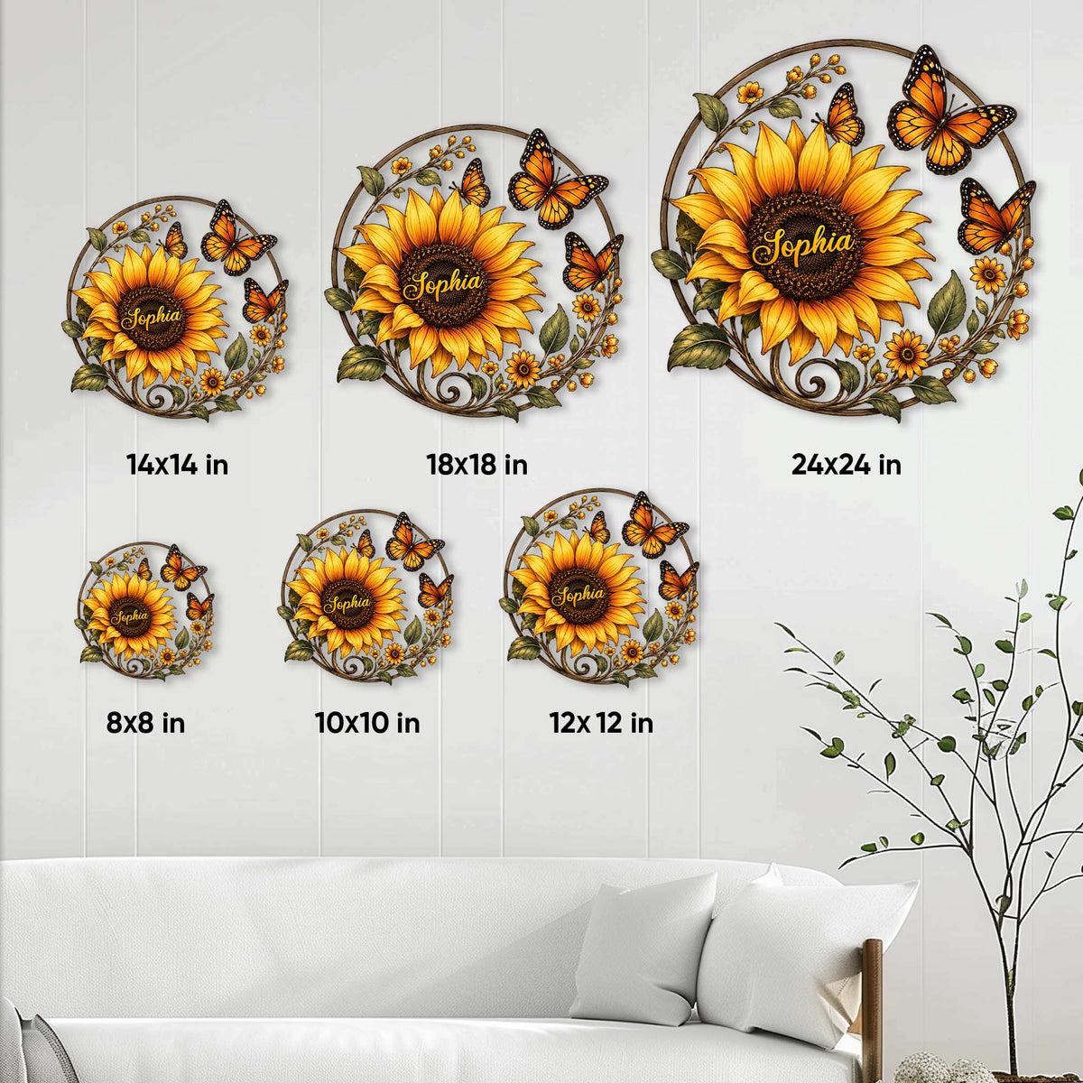 Sunflower butterfly metal sign size guide showing available square dimensions from 8 by 8 to 24 by 24 inches