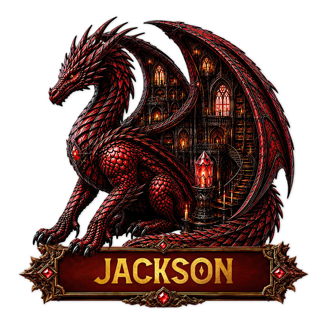 Red fantasy dragon metal sign with gothic castle artwork and ornate decorative frame