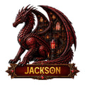 Red fantasy dragon metal sign with gothic castle artwork and ornate decorative frame