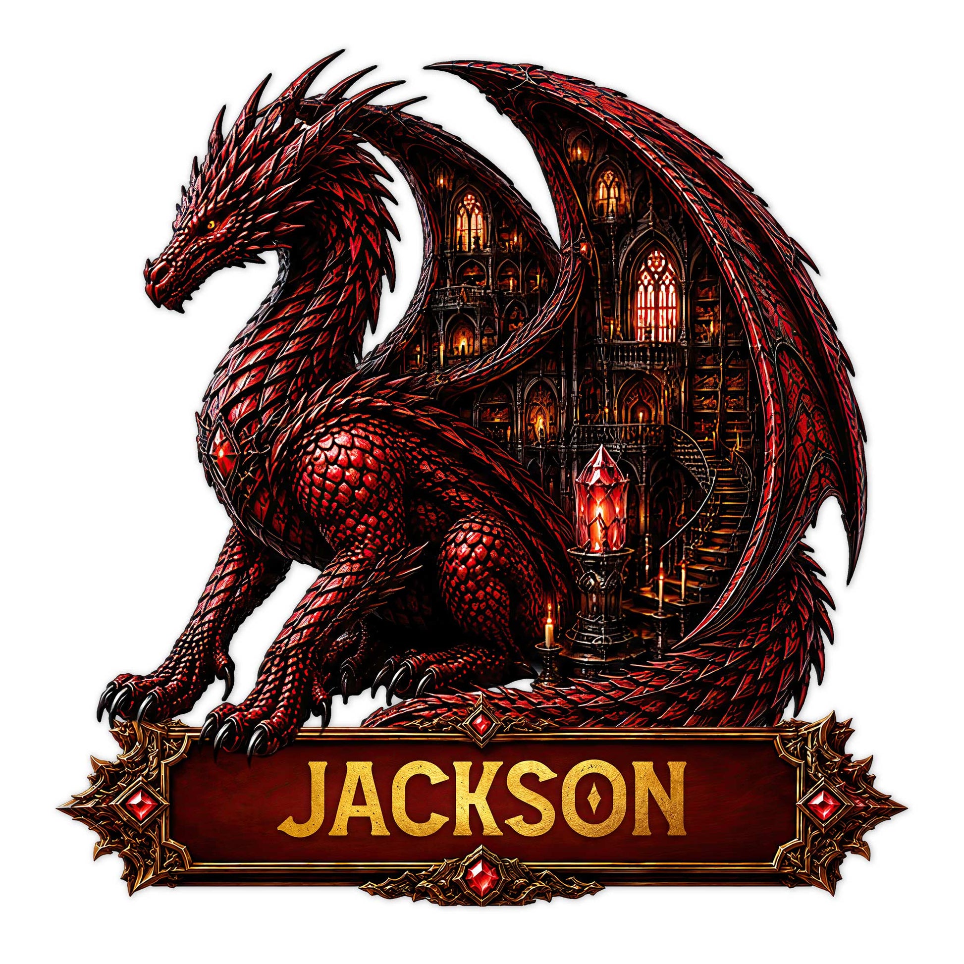 Red fantasy dragon metal sign with gothic castle artwork and ornate decorative frame