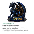 Blue dragon metal sign feature graphic showing cut steel construction and hanging options