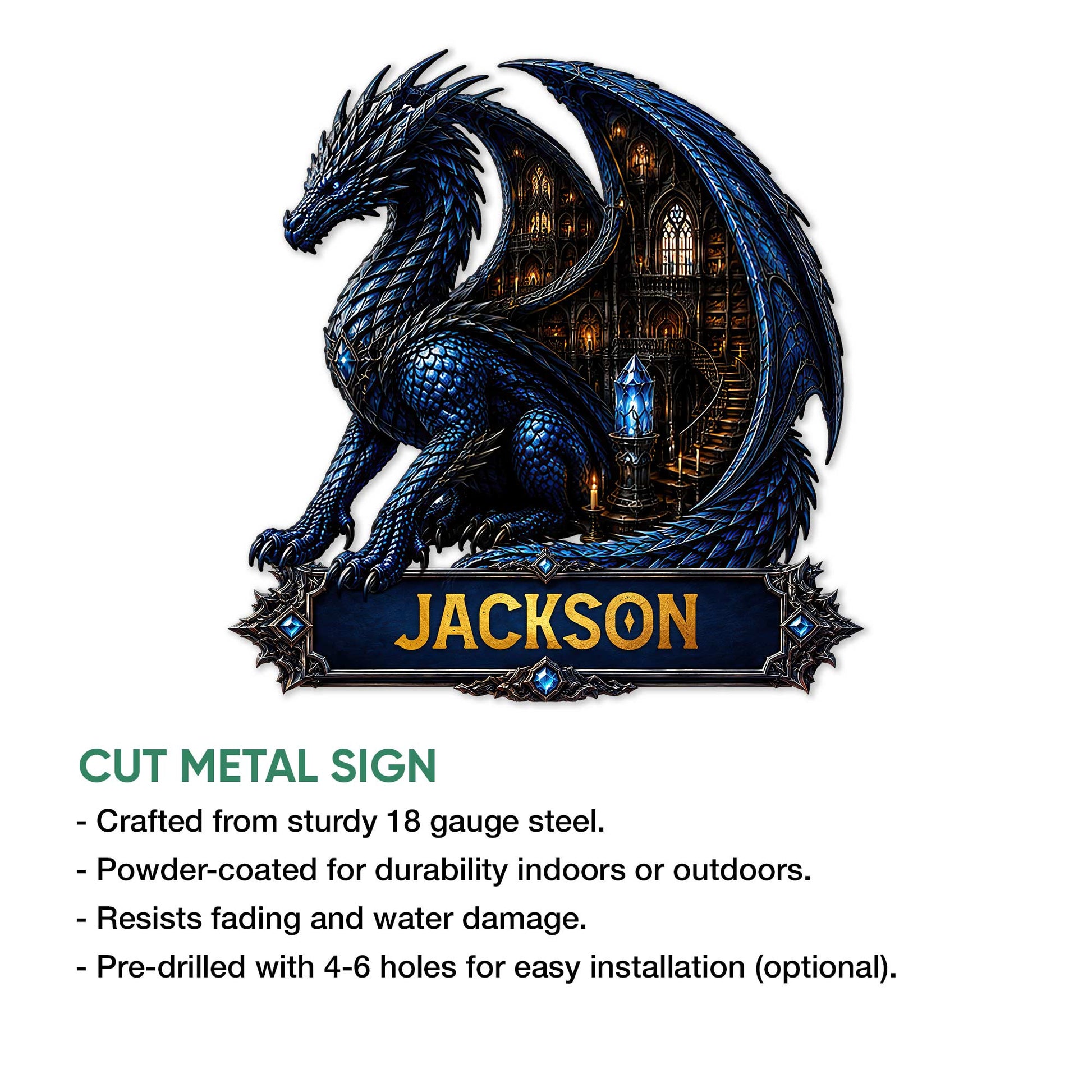 Blue dragon metal sign feature graphic showing cut steel construction and hanging options