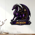 Purple gothic dragon metal sign displayed as fantasy wall decor in a home interior