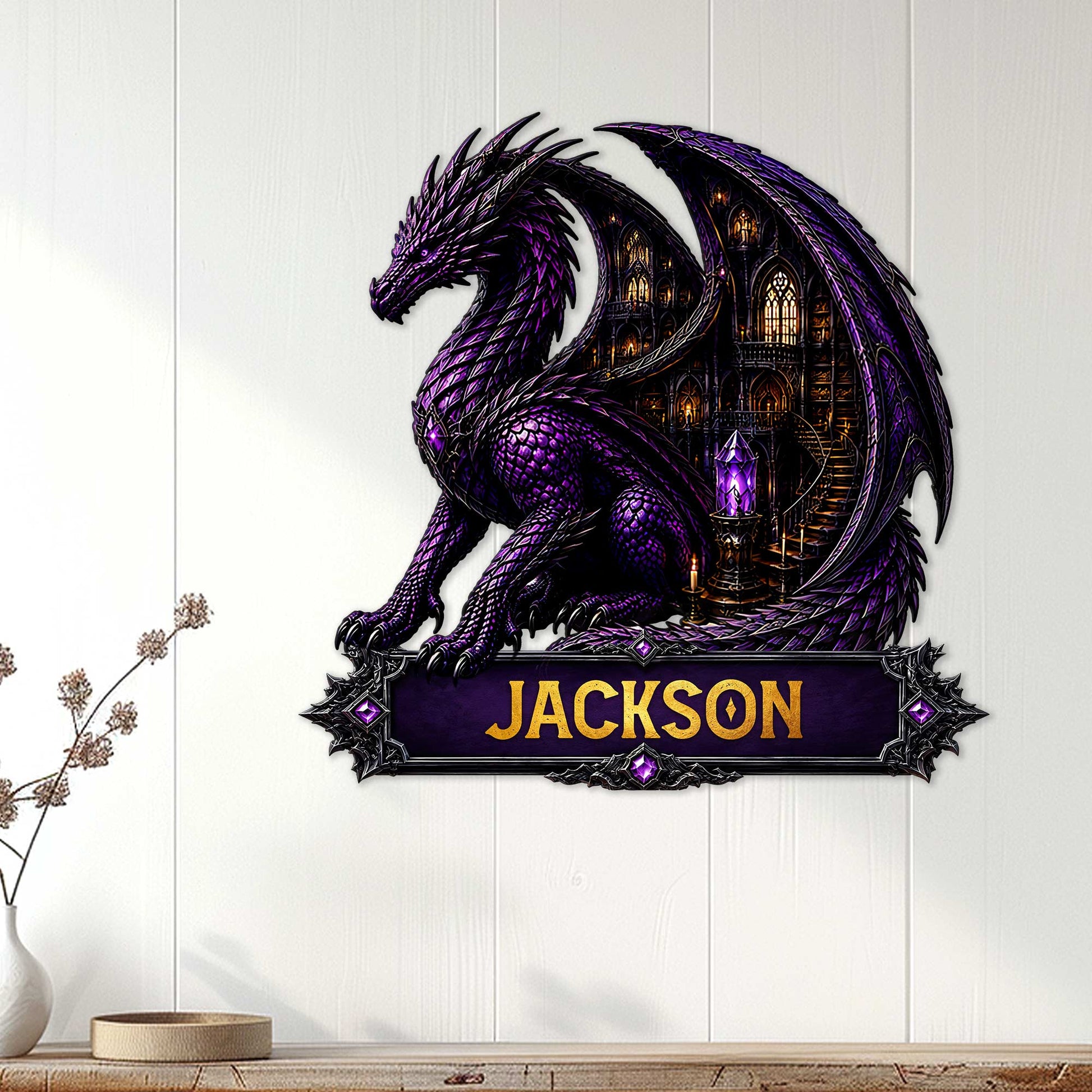 Purple gothic dragon metal sign displayed as fantasy wall decor in a home interior