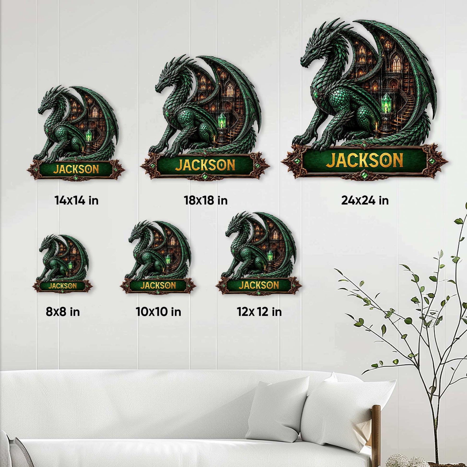 Dragon metal sign size guide showing available square sizes from 8 by 8 to 24 by 24 inches