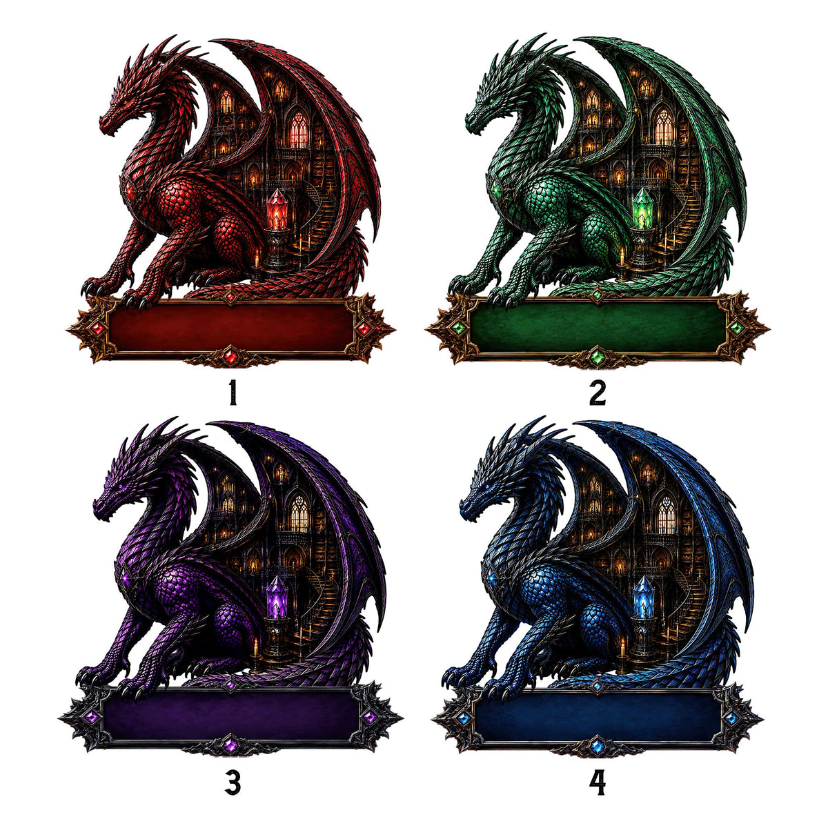 Dragon metal sign style selection guide showing red, green, purple, and blue artwork options