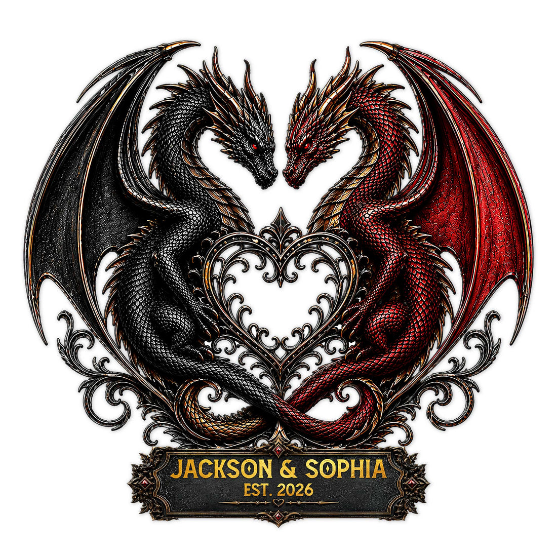 Custom dragon metal sign featuring intertwined black and red dragons with ornate heart-inspired fantasy artwork