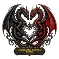 Custom dragon metal sign featuring intertwined black and red dragons with ornate heart-inspired fantasy artwork
