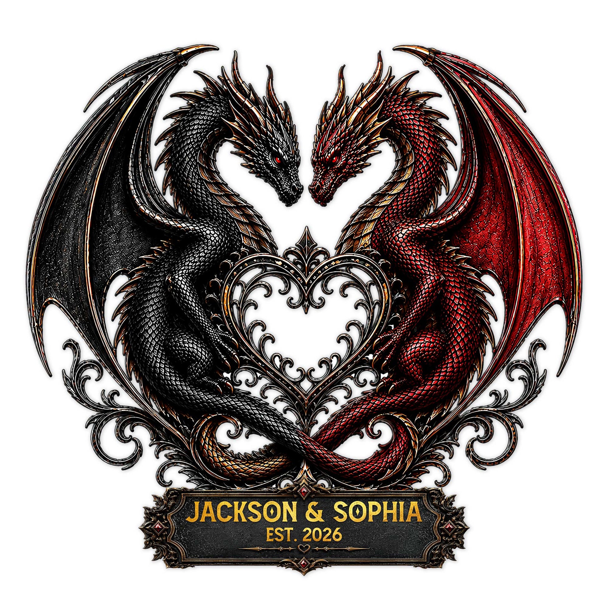 Custom dragon metal sign featuring intertwined black and red dragons with ornate heart-inspired fantasy artwork