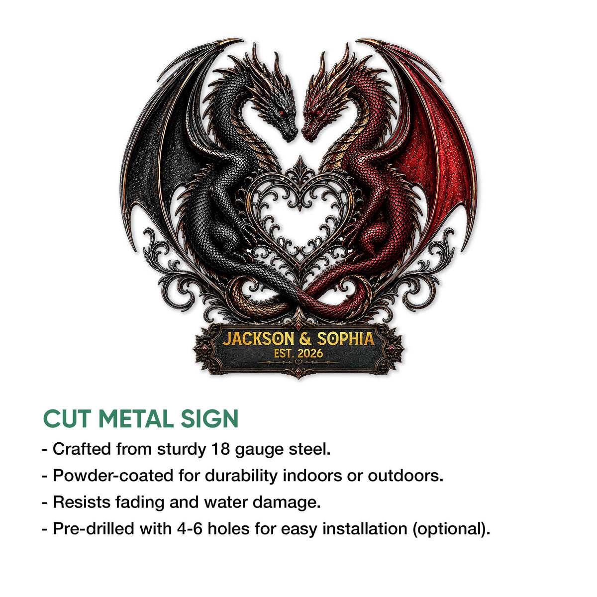 Dragon metal sign feature graphic displaying the paired dragon design and cut-metal sign details