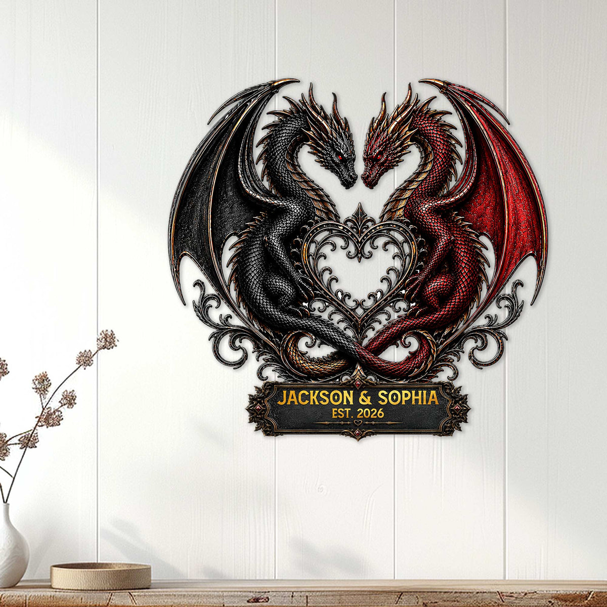 Romantic dragon wall decor displayed on a light paneled wall, featuring intertwined black and red dragons