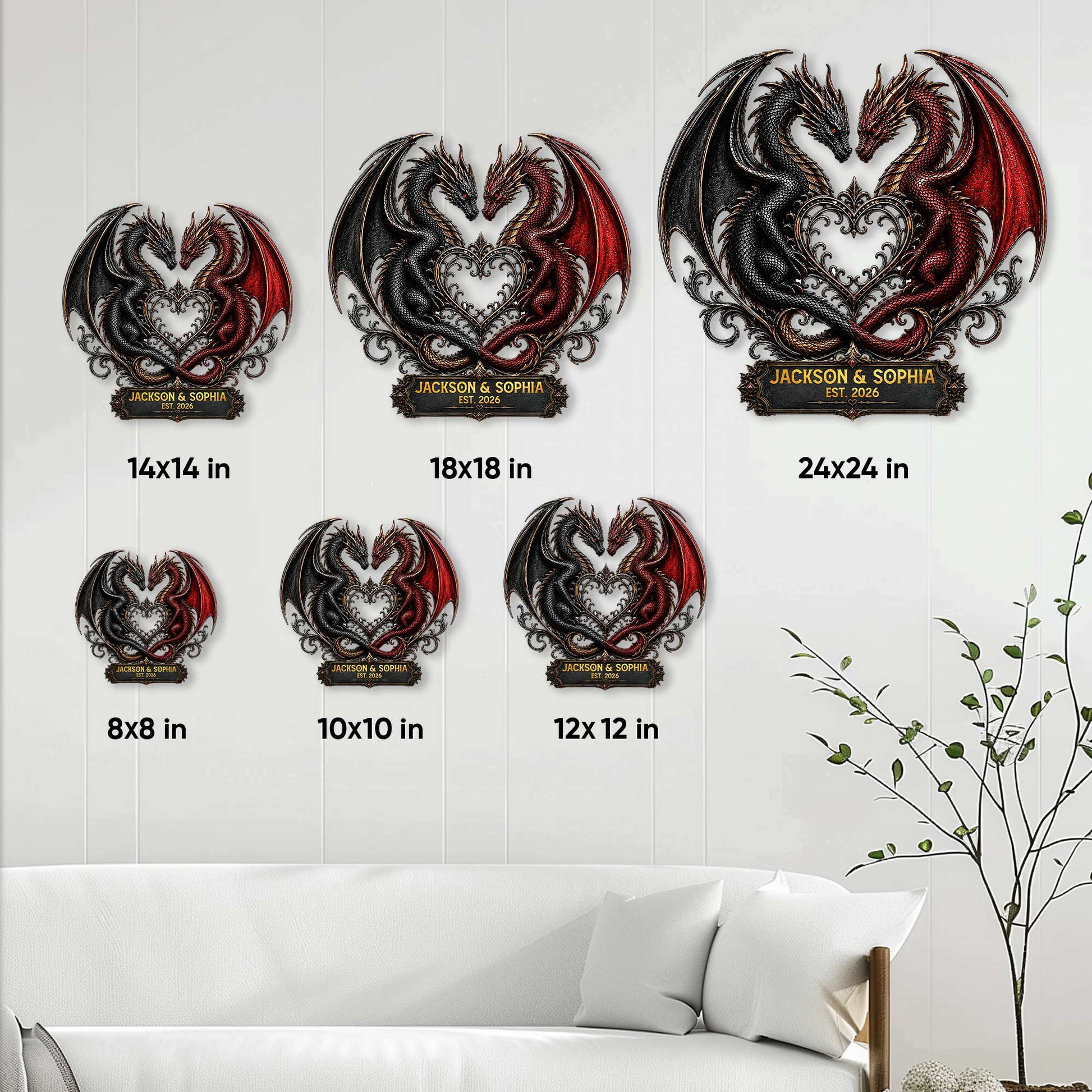 Dragon metal sign size guide showing available square sizes from 8 by 8 to 24 by 24 inches