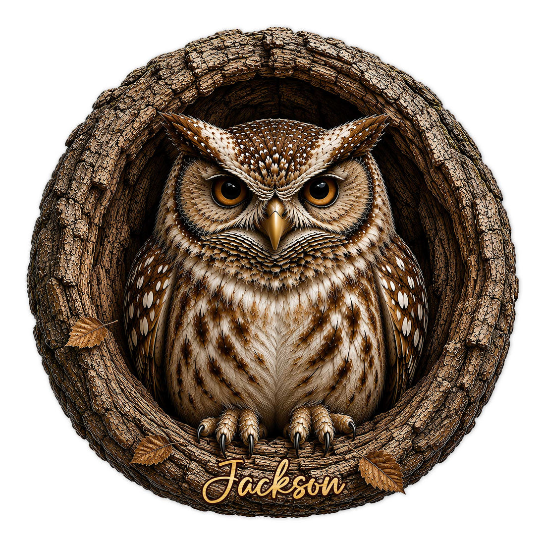 Detailed owl metal sign featuring a watchful brown owl framed by a rustic tree hollow
