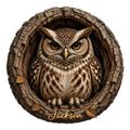 Detailed owl metal sign featuring a watchful brown owl framed by a rustic tree hollow