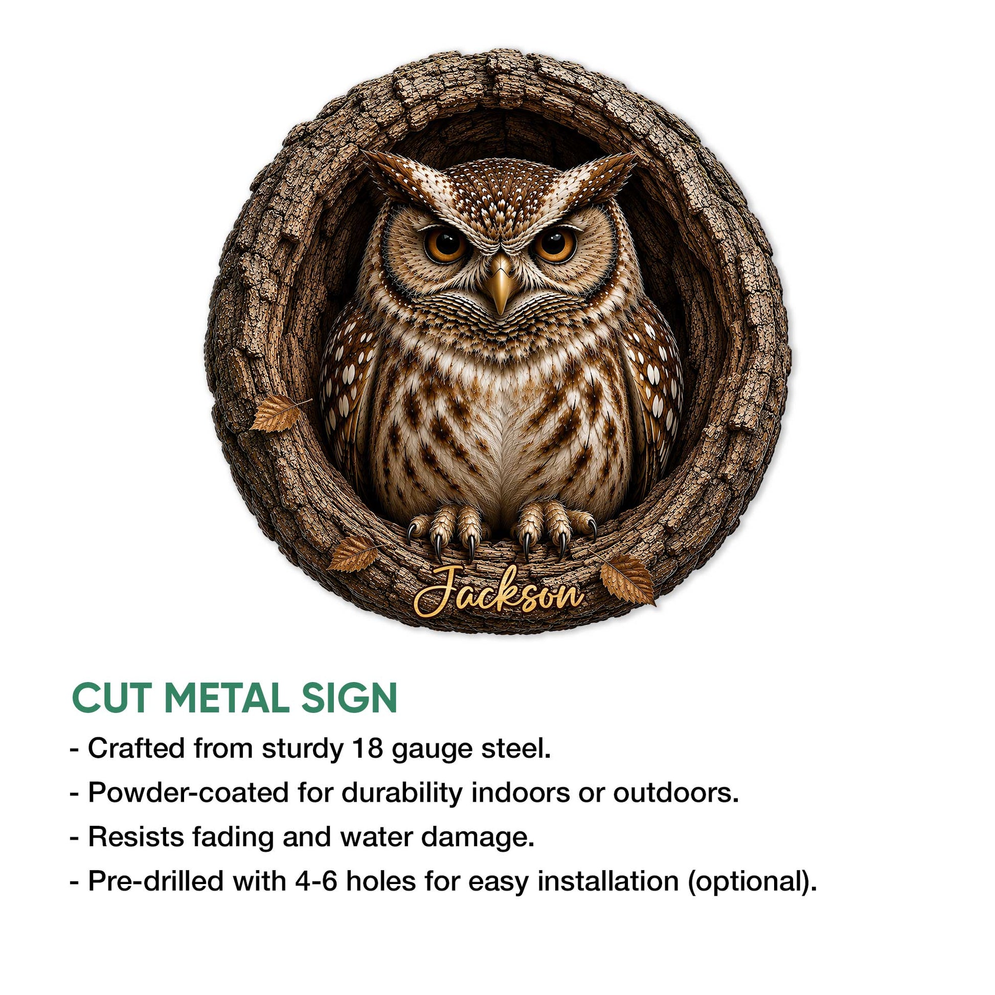 Owl metal sign feature graphic showing a detailed woodland owl design and cut metal sign presentation