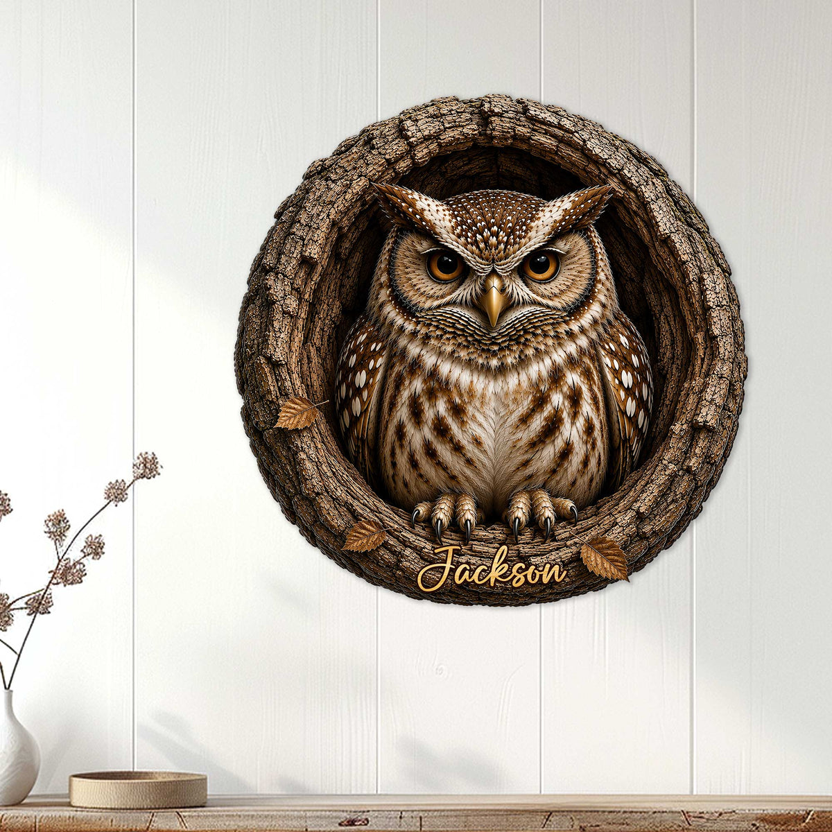 Rustic owl wall decor displayed on white paneling above a console table in a cozy home