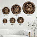 Owl metal sign size guide showing circular designs in 8, 10, 12, 14, 18, and 24 inch options