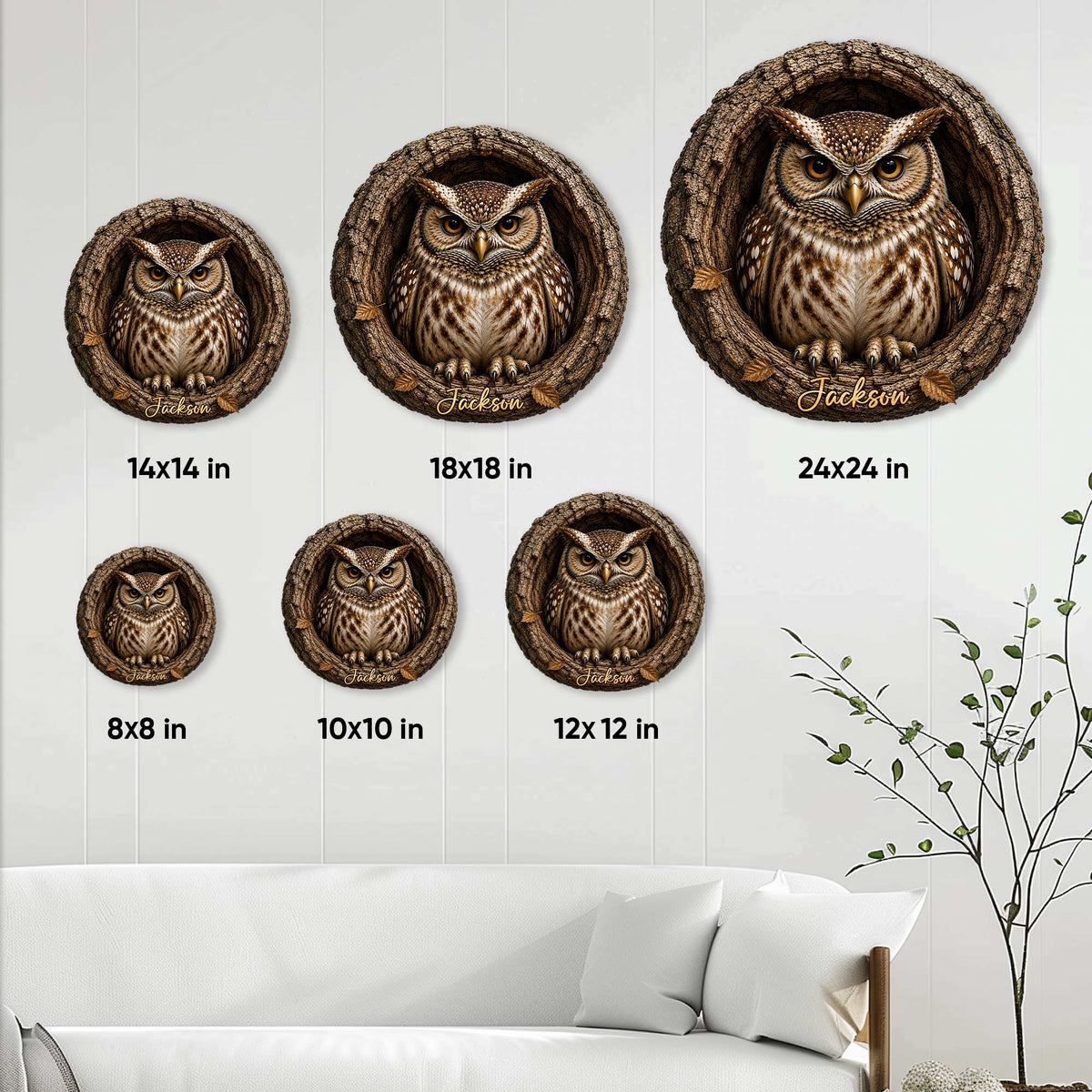 Owl metal sign size guide showing circular designs in 8, 10, 12, 14, 18, and 24 inch options
