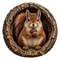 Detailed squirrel metal sign showing a red squirrel holding an acorn inside a rustic tree hollow