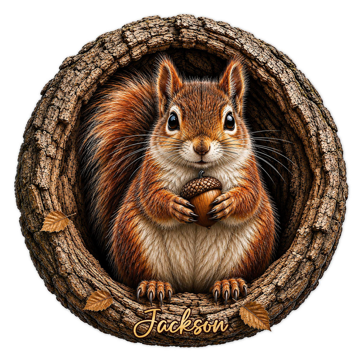 Detailed squirrel metal sign showing a red squirrel holding an acorn inside a rustic tree hollow