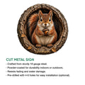 Cut metal squirrel sign featuring a woodland squirrel with an acorn and illustrated tree bark frame