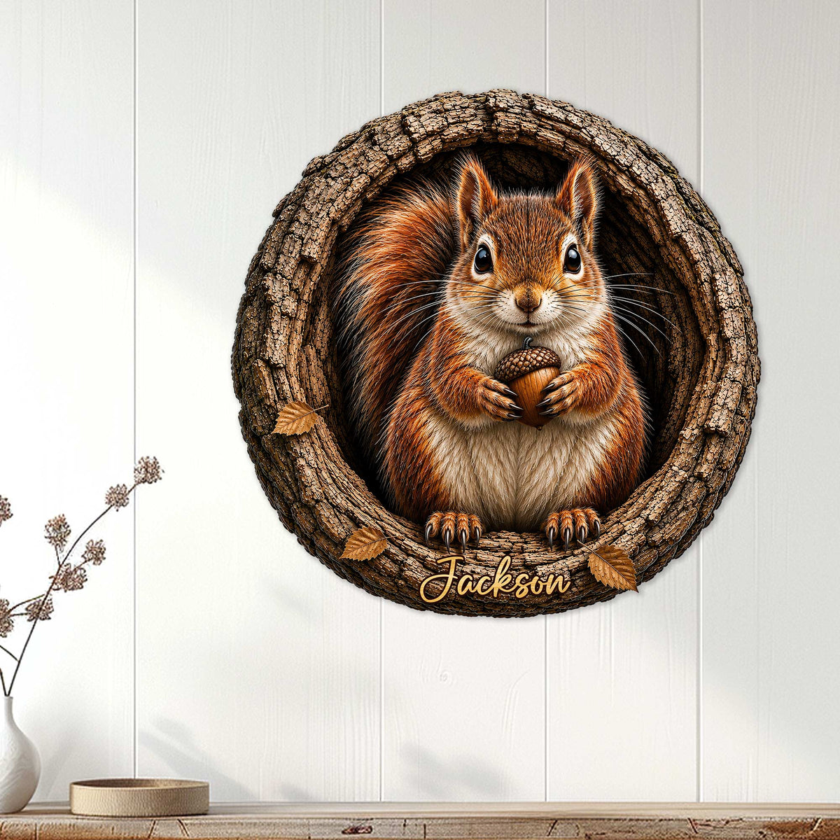 Rustic squirrel wall sign displayed on white paneled decor with a woodland tree hollow design