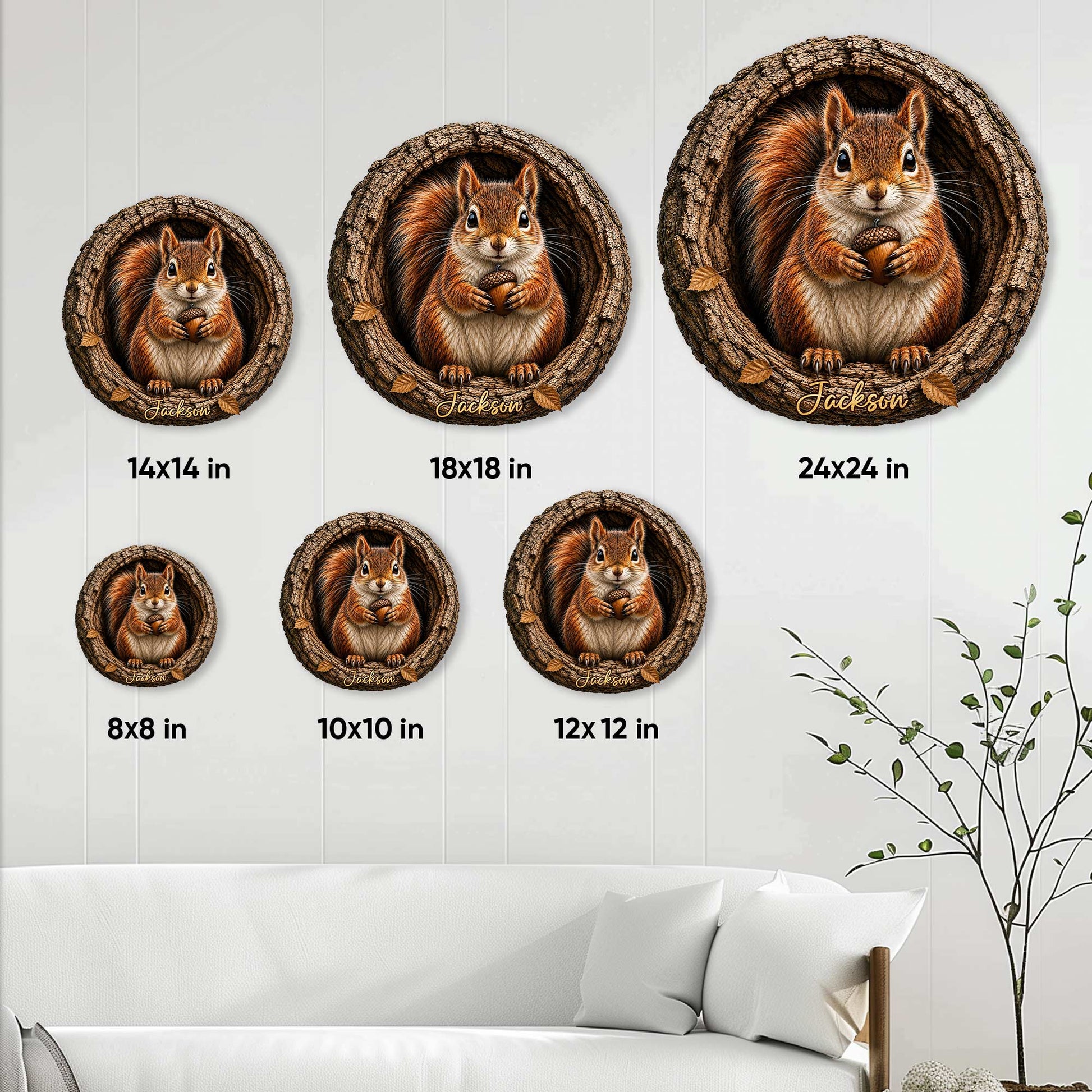 Squirrel metal sign size guide showing available round sizes from 8 by 8 to 24 by 24 inches
