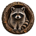 Detailed raccoon metal sign artwork showing a curious raccoon nestled inside a textured tree hollow