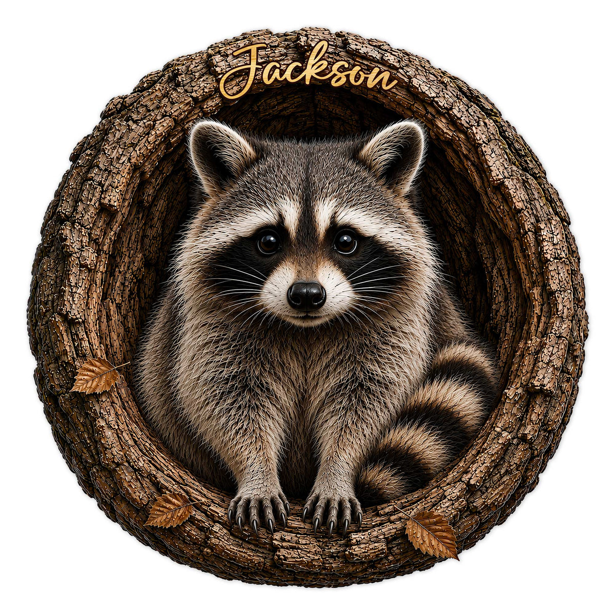 Detailed raccoon metal sign artwork showing a curious raccoon nestled inside a textured tree hollow