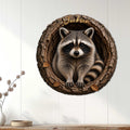 Raccoon wall sign displayed on white paneled decor, featuring a woodland animal nestled in a tree hollow