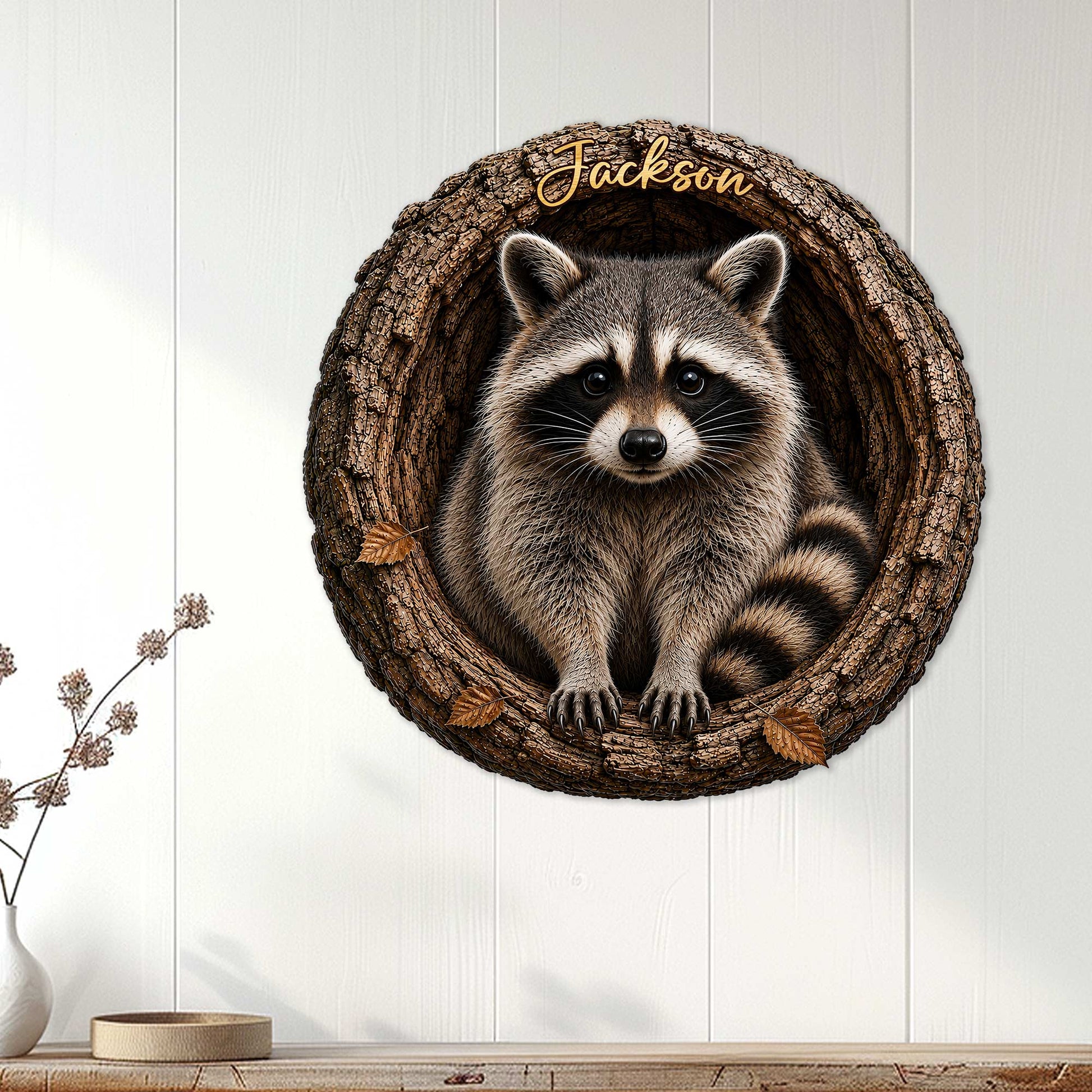 Raccoon wall sign displayed on white paneled decor, featuring a woodland animal nestled in a tree hollow