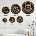 Raccoon metal sign size guide showing six circular size options in a living room setting