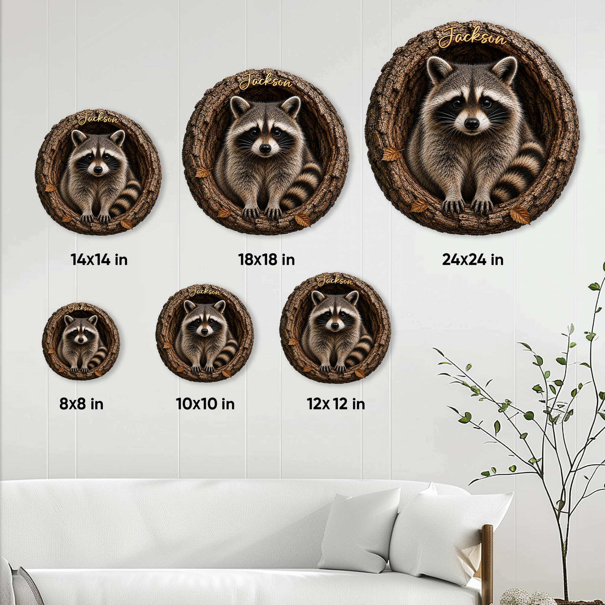 Raccoon metal sign size guide showing six circular size options in a living room setting