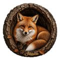 Custom fox metal sign featuring a curled red fox resting inside a rustic hollow log