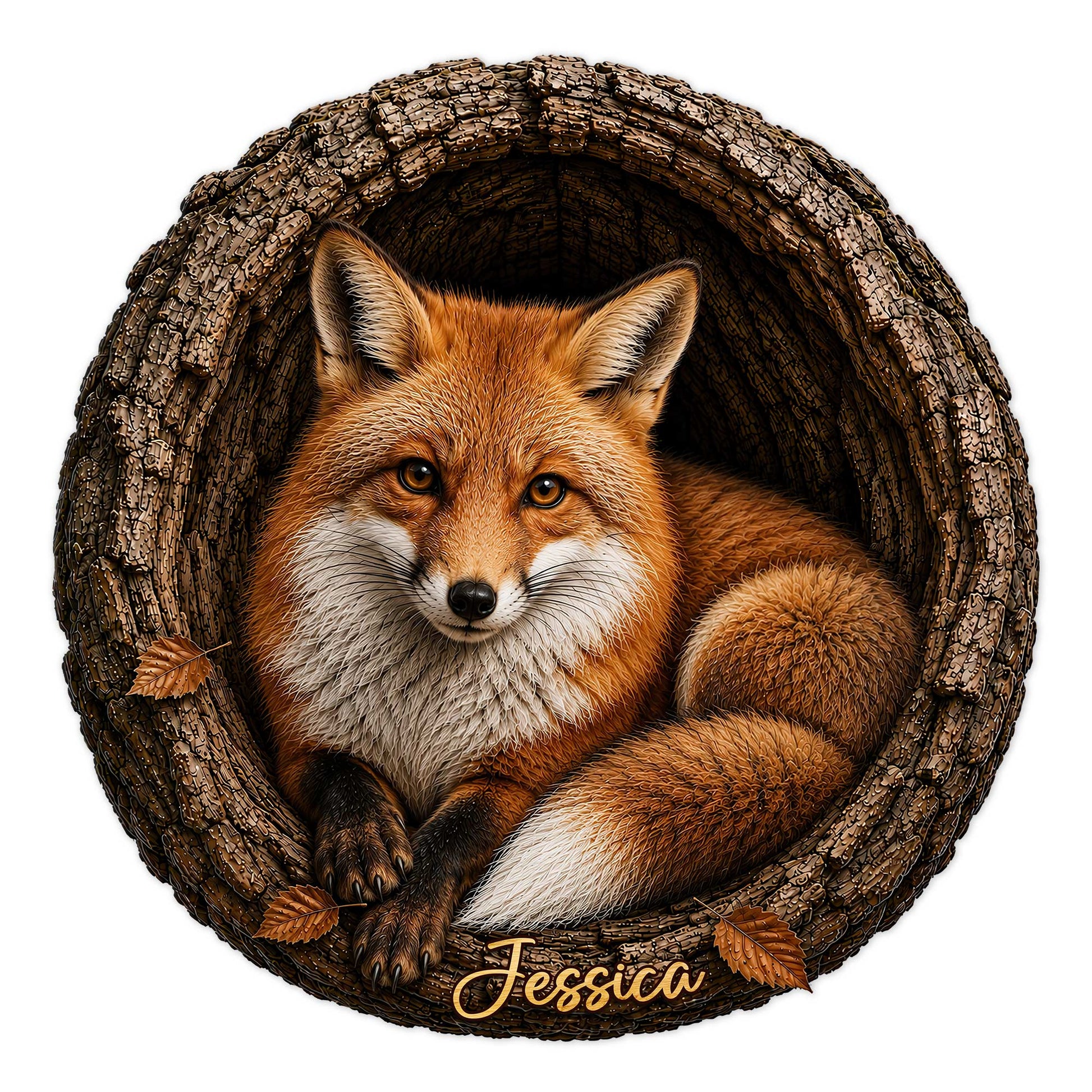 Custom fox metal sign featuring a curled red fox resting inside a rustic hollow log