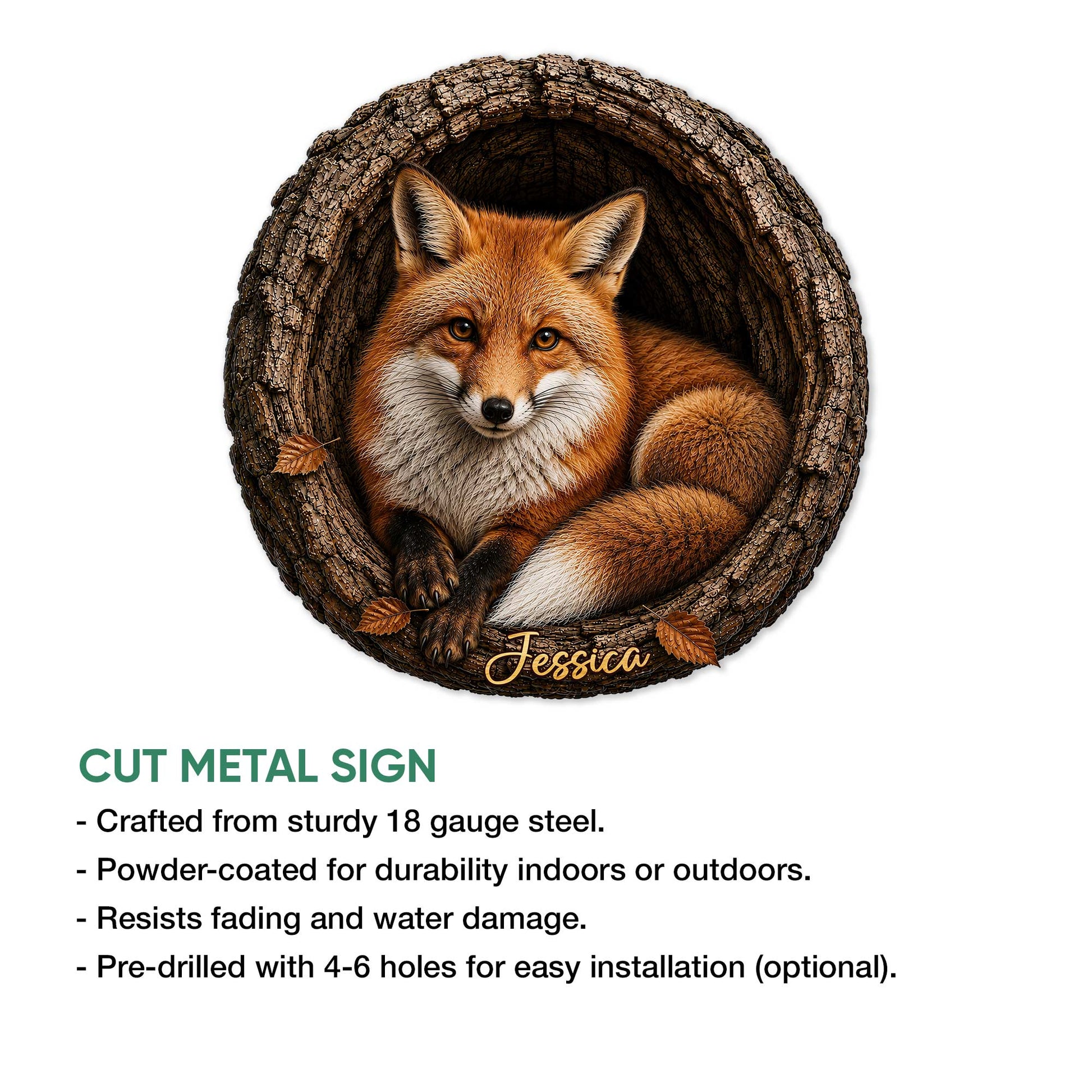 Fox metal sign feature graphic showing the woodland artwork and cut metal sign presentation
