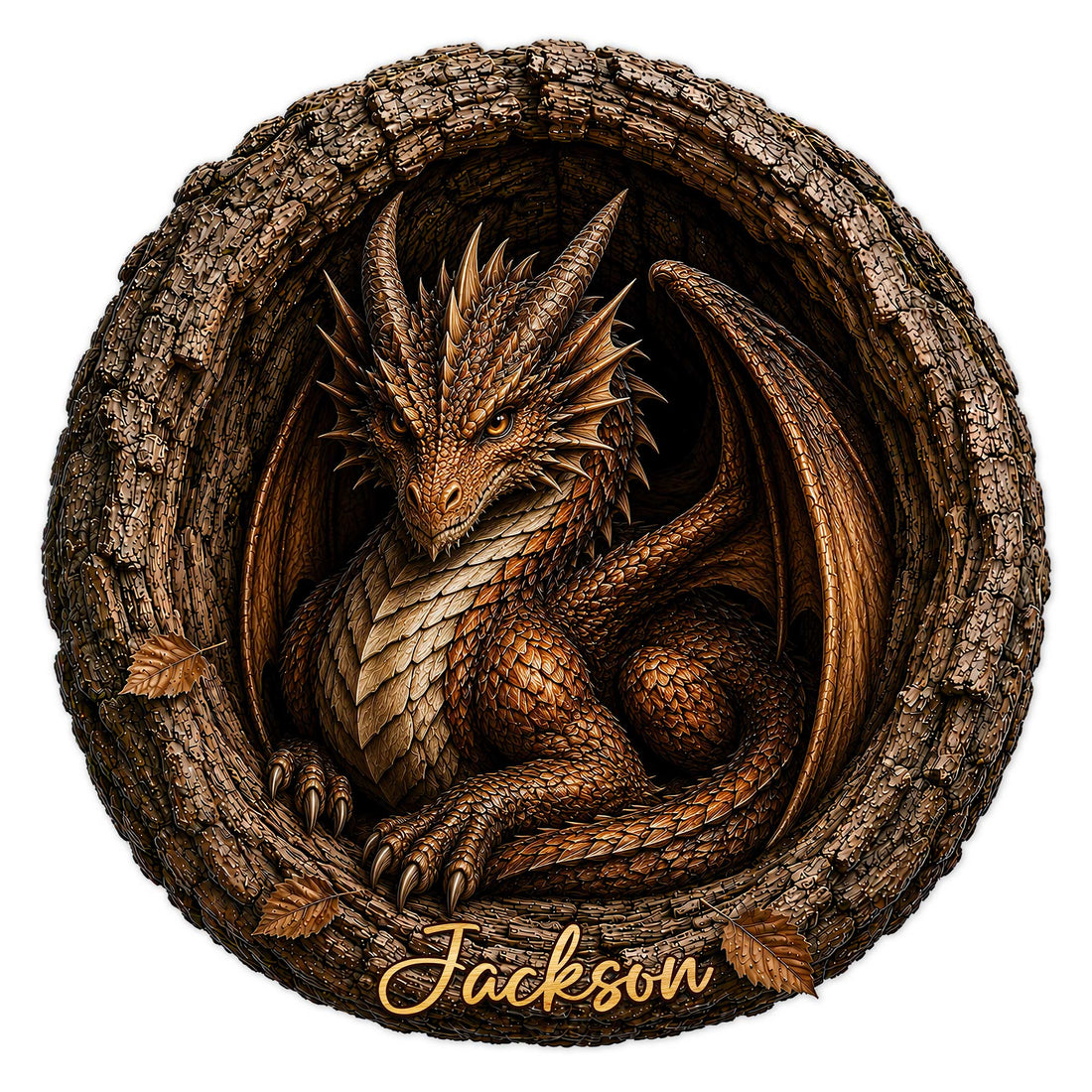 Round dragon metal sign featuring a detailed bronze dragon curled inside a textured wooden nest
