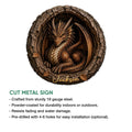 Dragon metal sign feature graphic showing a curled bronze dragon design and cut-metal sign details