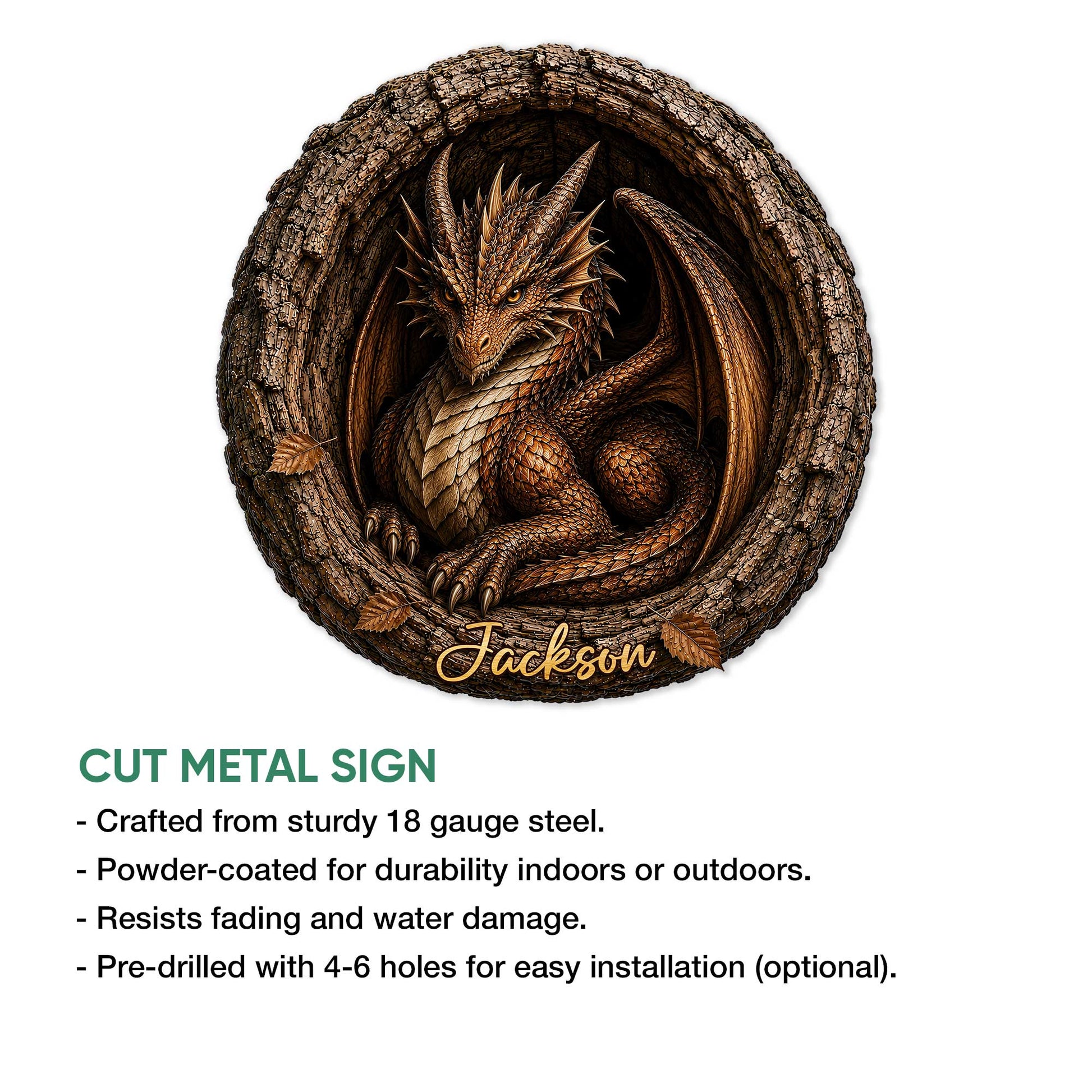 Dragon metal sign feature graphic showing a curled bronze dragon design and cut-metal sign details