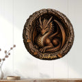 Dragon wall sign displayed on a light paneled wall, showcasing detailed scales, wings, horns, and a curled pose