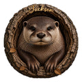 Custom otter metal sign featuring a detailed river otter in a rustic log frame