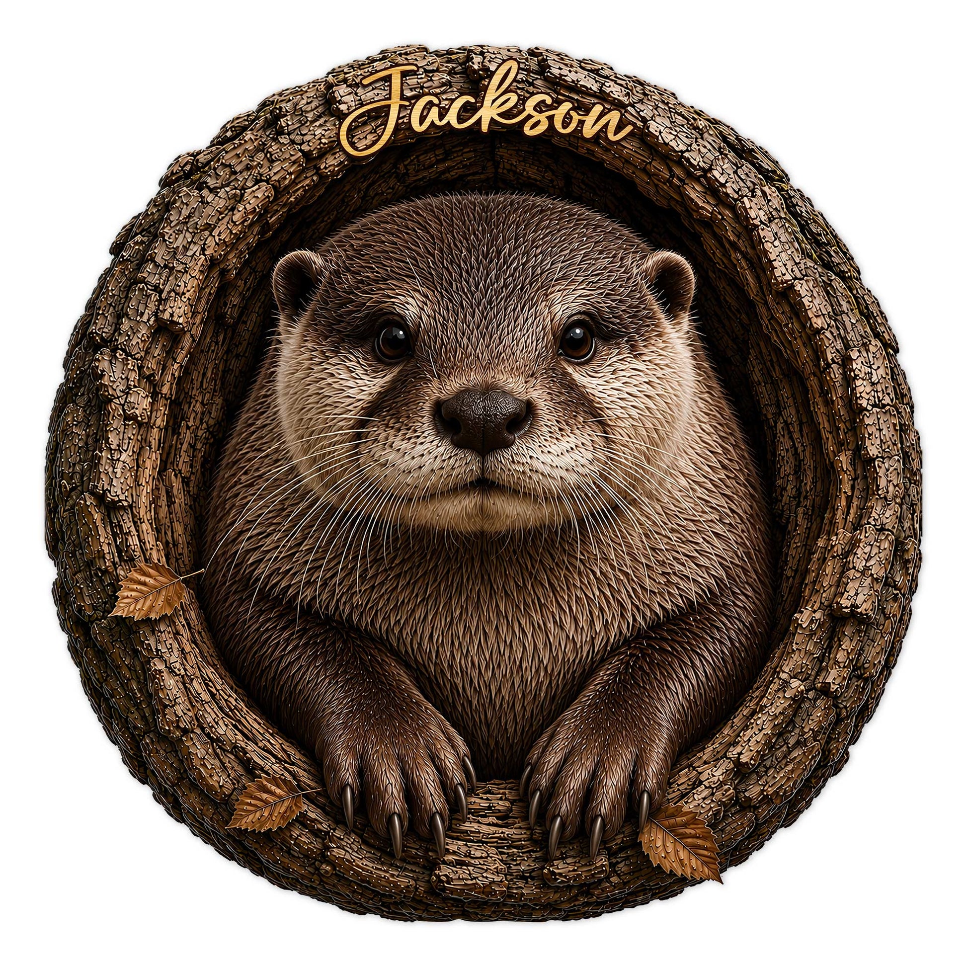 Custom otter metal sign featuring a detailed river otter in a rustic log frame